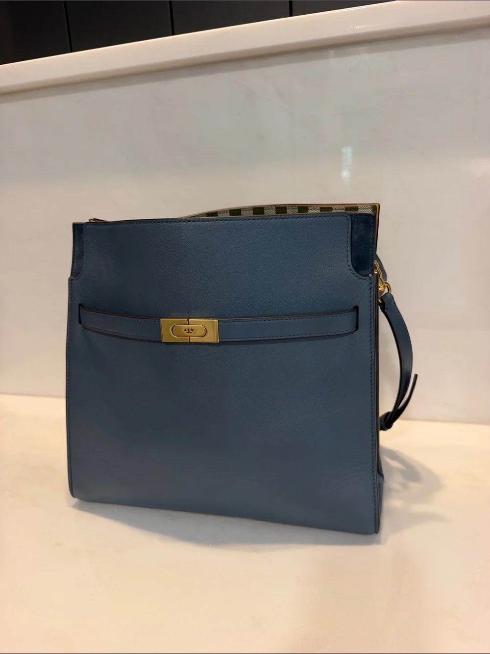 Tory Burch medium size “Lee Radziwill” Double Bag in blue leather. Pristine!